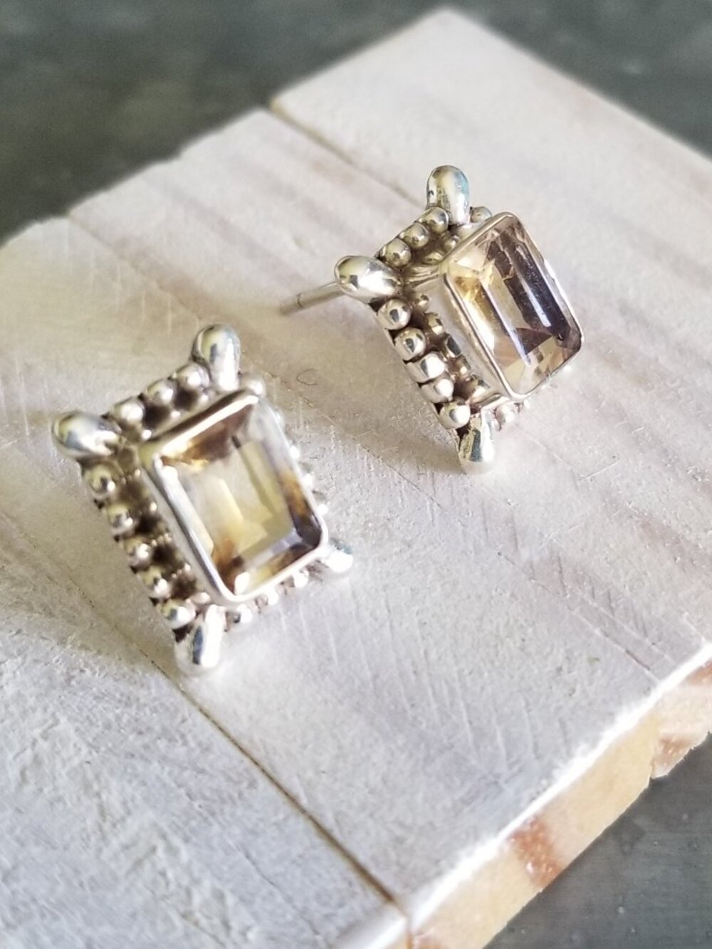 925 Sterling Silver Stud Earrings Smoky Quartz Topaz Emerald Cut Rawa Border